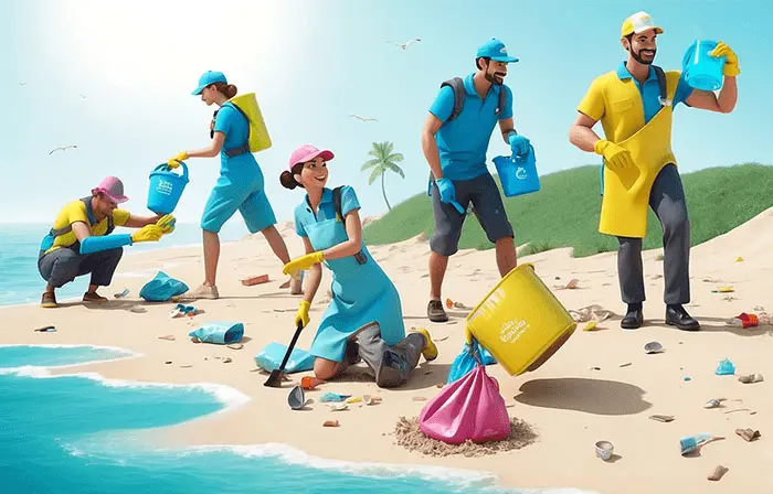 Group Effort in Beach Cleanup 3D Character Illustration image